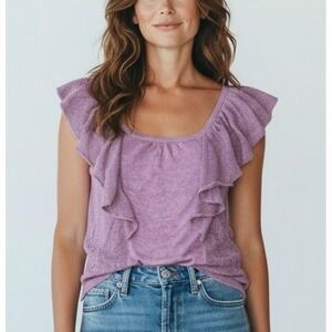 Moda International Women's Purple Linen Blend Ruffle Pointelle Knit Top Medium